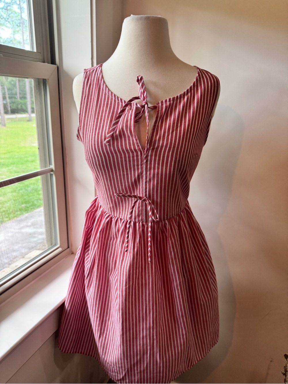 Striped Tie-Front Sleeveless Midi Dress in Red & White